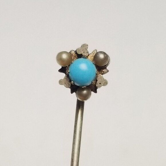 Vintage Blue Cabochon and Tiny Faux Pearls Stick Pin, Antique Victorian Style - Picture 7 of 7